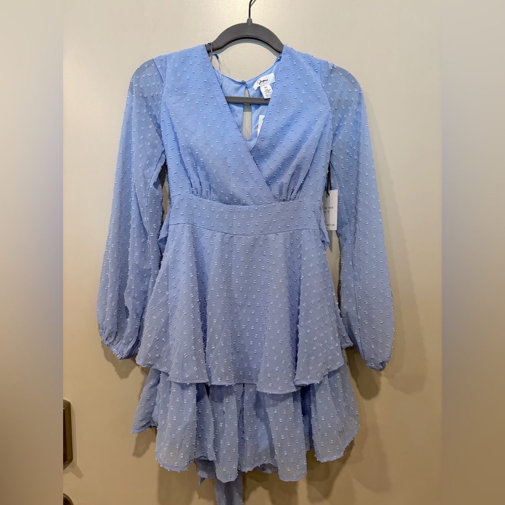 Light Blue Dot Long Sleeve Tiered Dress